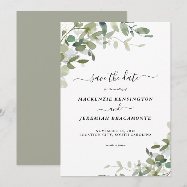 Sage Eucalyptus Greenery Wedding Save the Date (Front/Back)