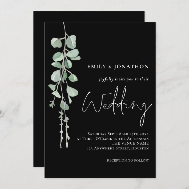 Sage Eucalyptus Modern Script Black Wedding Invitation (Front/Back)