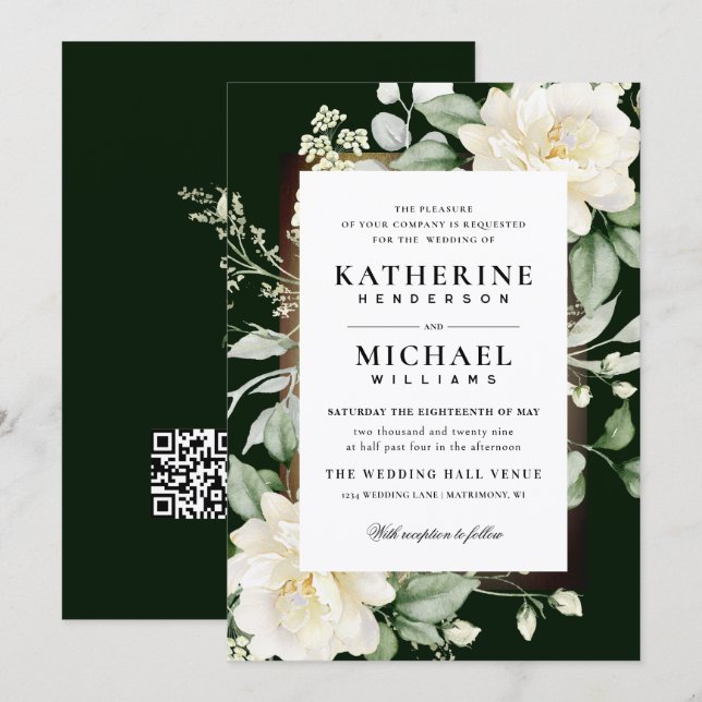 Sage Eucalyptus Rose Ivory & Gold Frame Wedding Invitation (Front/Back)