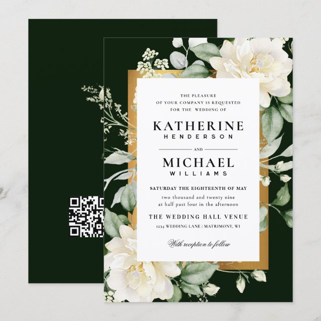 Sage Eucalyptus Rose Ivory & Gold Frame Wedding  Invitation (Front/Back)