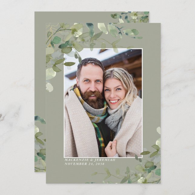 Sage Eucalyptus Wedding Photo Save the Date (Front/Back)