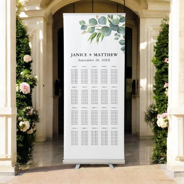 Sage Eucalyptus Woodland Wedding Seating Chart Retractable Banner (Sage eucalyptus seating chart banner guides guests smoothly with natural charm and order.)
