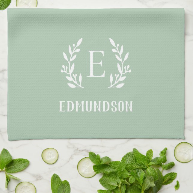 Sage Farmhouse Branch Monogram | Editable Colours Tea Towel (Folded)