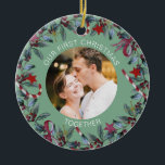 Sage First Christmas Together Personalised Photo Ceramic Tree Decoration<br><div class="desc">Romantic ornament for a couple features beautiful Christmas wreath and a sage green background. Personalise the template with your photograph,  names or custom text. You can change the background colour if you like,  just click on "Edit using design tool".</div>