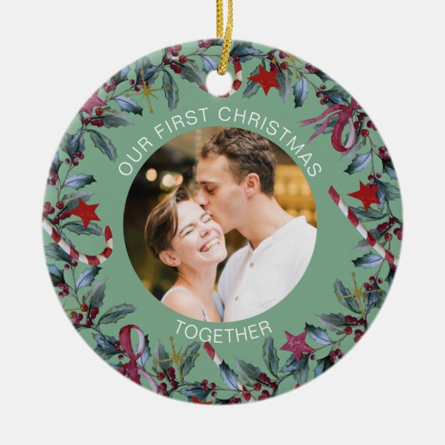 Sage First Christmas Together Personalised Photo Ceramic Tree Decoration (Front)