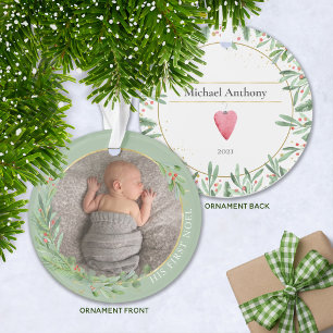 Sage "First Noel" Christmas Greenery Baby Photo Ornament