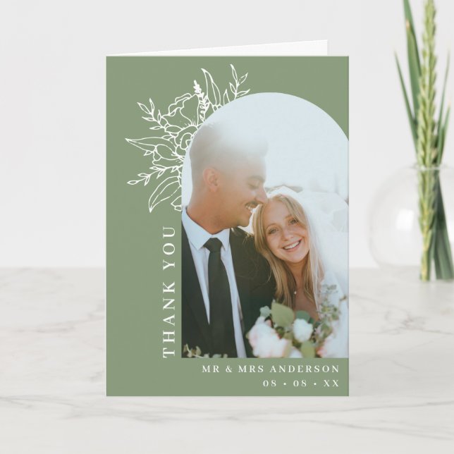 Sage Floral Arch Photo Wedding Folded Thank You Card (Front)