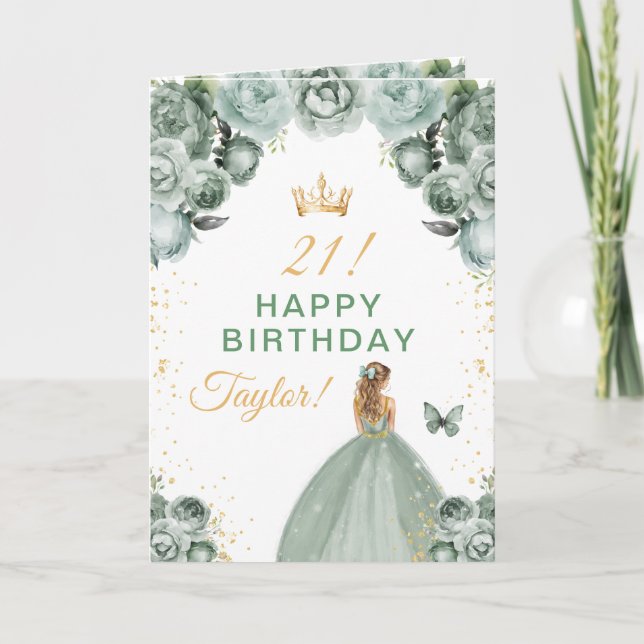 Sage Floral Blonde Hair Girl Happy Birthday Card (Front)