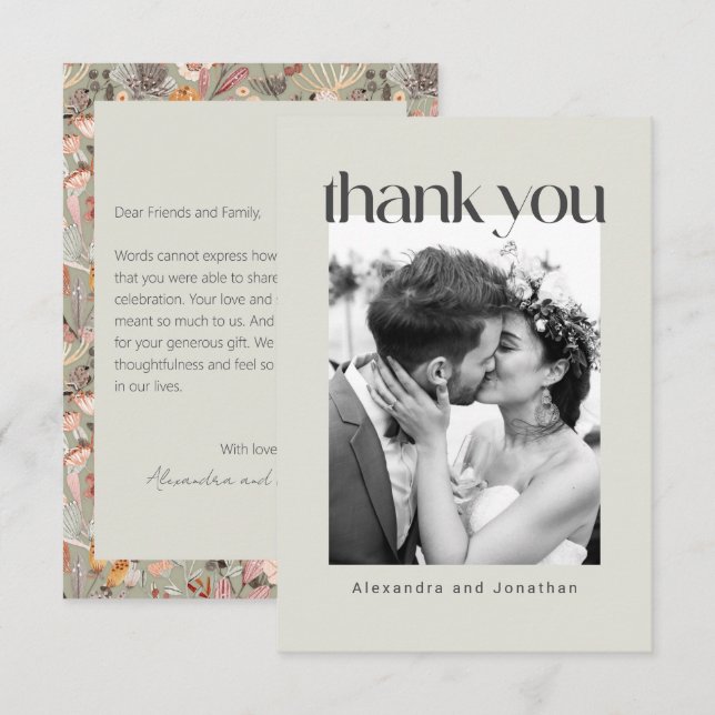 Sage Floral Boho Custom Message Photo Wedding Thank You Card (Front/Back)