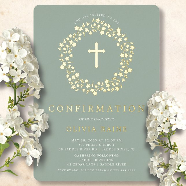 Sage Floral Confirmation Foil Invitation (Creator Uploaded)