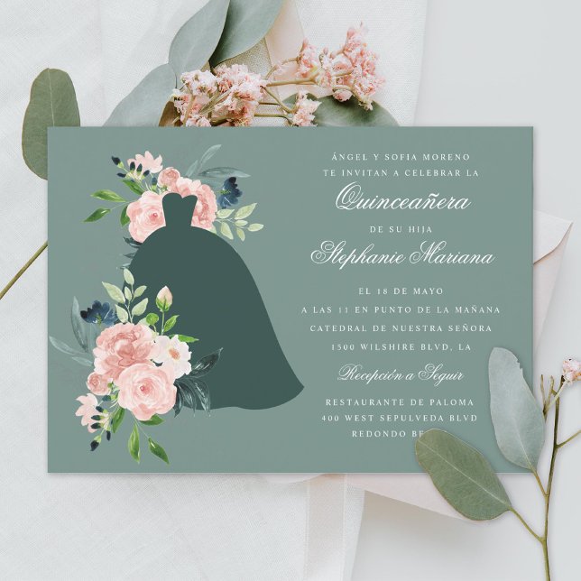 Sage Floral Custom Colour Dress Quinceañera  Invitation (Creator Uploaded)