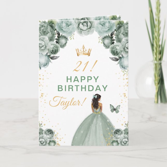 Sage Floral Dark Skin Girl Happy Birthday Card (Front)