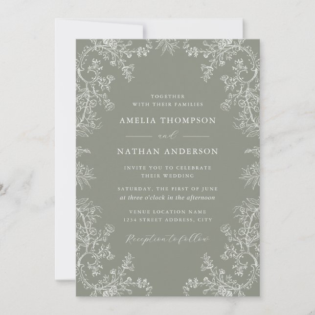 Sage Floral Elegant Wedding  Invitation (Front)
