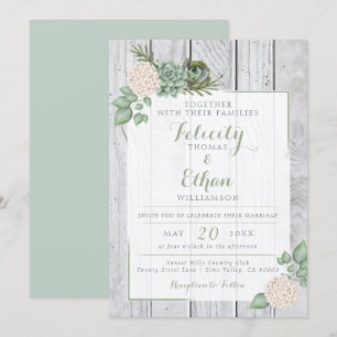 Sage Floral Flowers White Wood Wedding Invitation