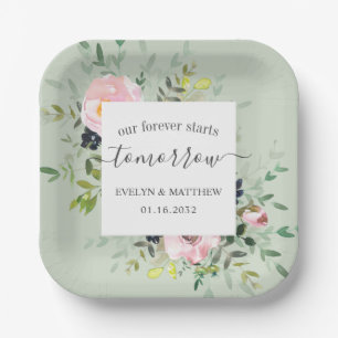 Sage Floral Forever Starts Tomorrow Rehearsal Paper Plate