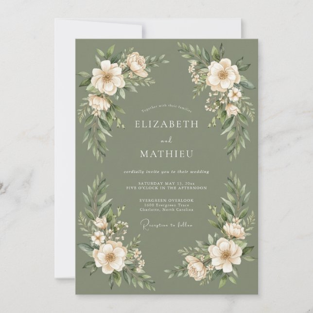 Sage Floral Garland Wedding Invitation (Front)