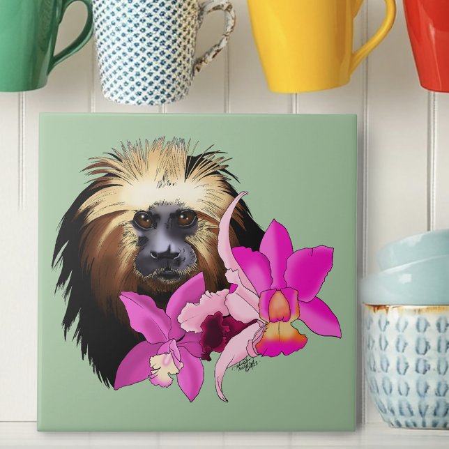 Sage Floral Golden-Headed Lion Tamarin Monkey Tile (Creator Uploaded)