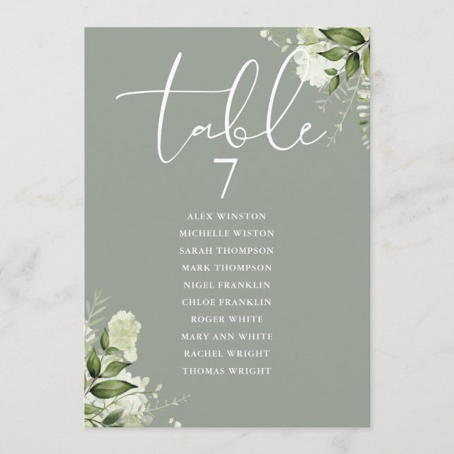 Sage Floral Greenery Seating Plan Table Number (Front)