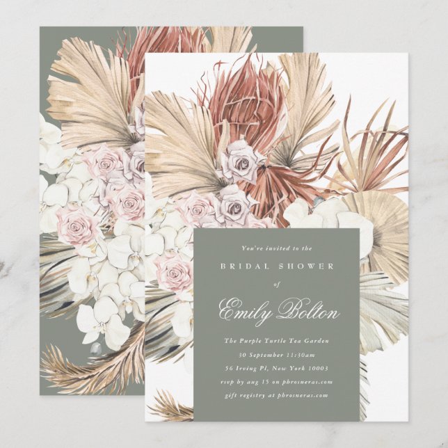 Sage Floral Moss Green Pampas Boho Bridal Shower Invitation (Front/Back)