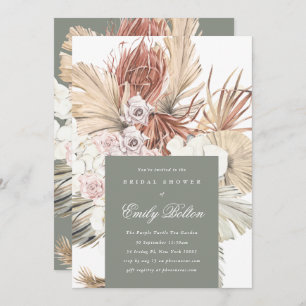 Sage Floral Moss Green Pampas Boho Bridal Shower Invitation