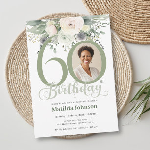 Sage Floral Photo 60th Birthday  Invitation