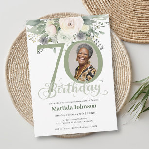Sage Floral Photo 70th Birthday  Invitation
