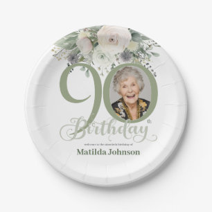 Sage Floral Photo 90th Birthday Paper Plate