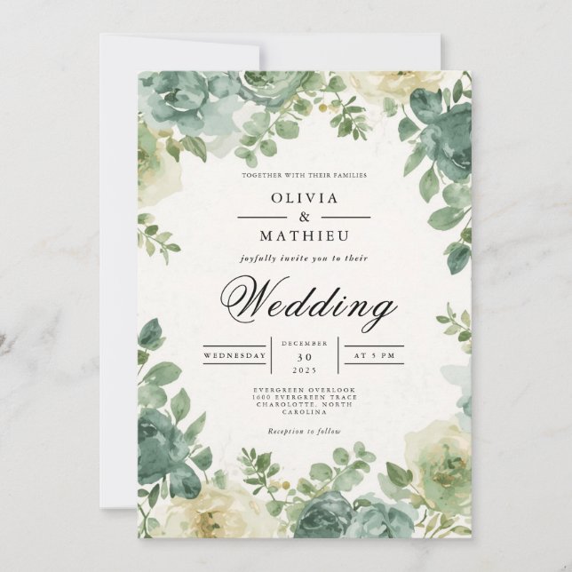 Sage Floral Romanticism Wedding Invitation (Front)