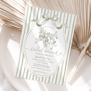 Sage Floral Stripes Bow Bridal Brunch Invitation