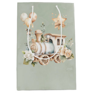 Sage Floral Train Boy Baby Shower Gift Medium Gift Bag