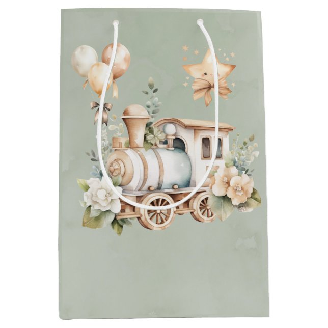 Sage Floral Train Boy Baby Shower Gift Medium Gift Bag (Front)