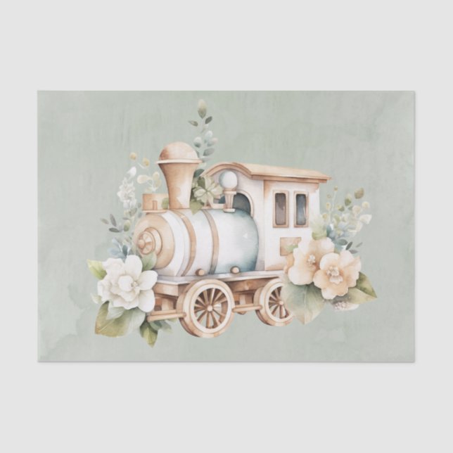 Sage Floral Train Boy Baby Shower Gift Tissue Paper (Front)