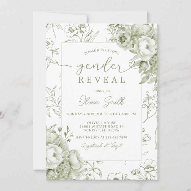 Sage Floral Vintage Chinoiserie Gender Reveal  Invitation (Front)