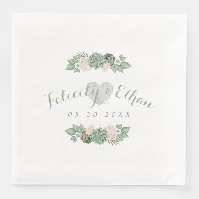 Sage Floral & White Rustic Wood Wedding Napkin (Front)