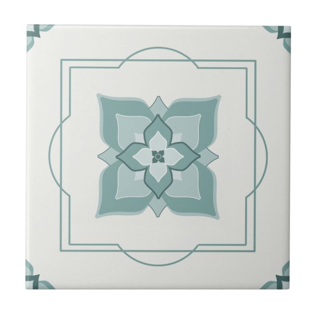 Sage Flower Motif Line Border Tiled Pattern Tile (Front)