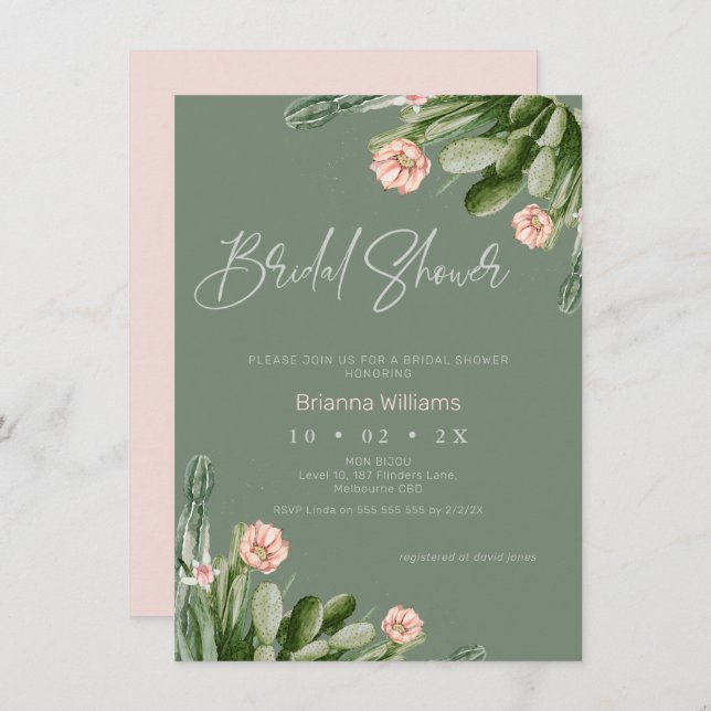 Sage Flowering Cactus Calligraphy Bridal Shower Invitation (Front/Back)