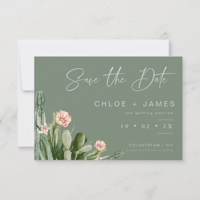 Sage Flowering Cactus Wedding Save The Date Card (Front)