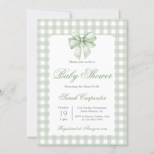 Sage Gingham and Bow Baby Shower Invitation