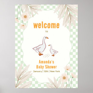 Sage Gingham Boho Daisy Goose Baby Shower Welcome Poster