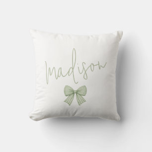 Sage Gingham Bow Pattern Custom Name Cushion