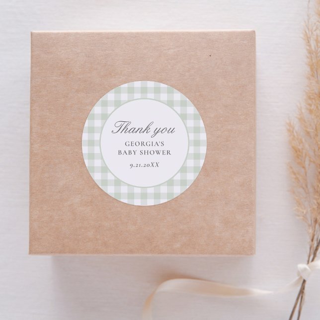 Sage Gingham Boy Baby Shower Classic Round Sticker (Creator Uploaded)