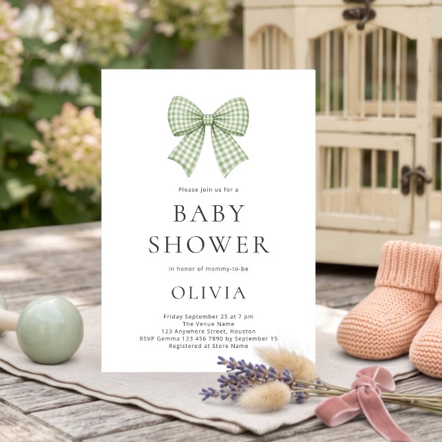 Sage Gingham Coquette Bow Baby Shower Invitation (Creator Uploaded)
