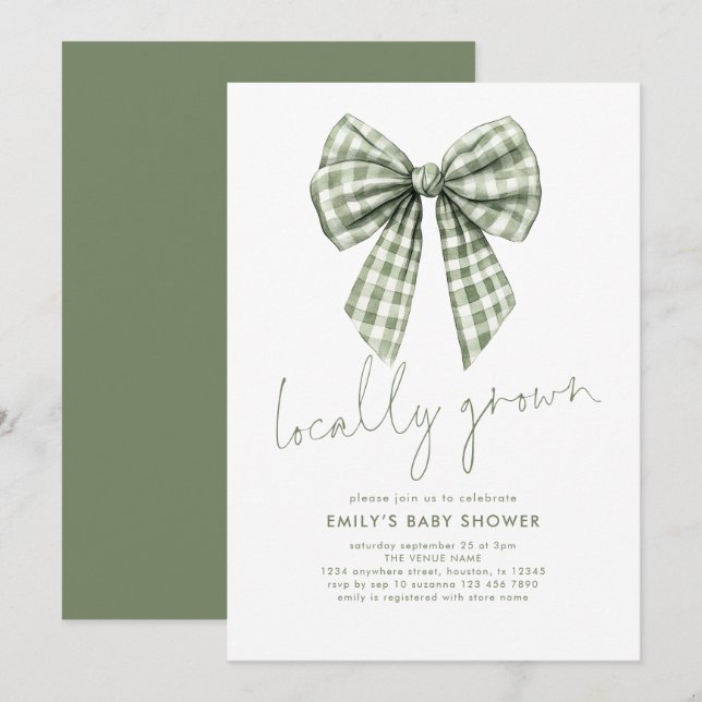 Sage Gingham Coquette Locally Grown Baby Shower  Invitation (Front/Back)