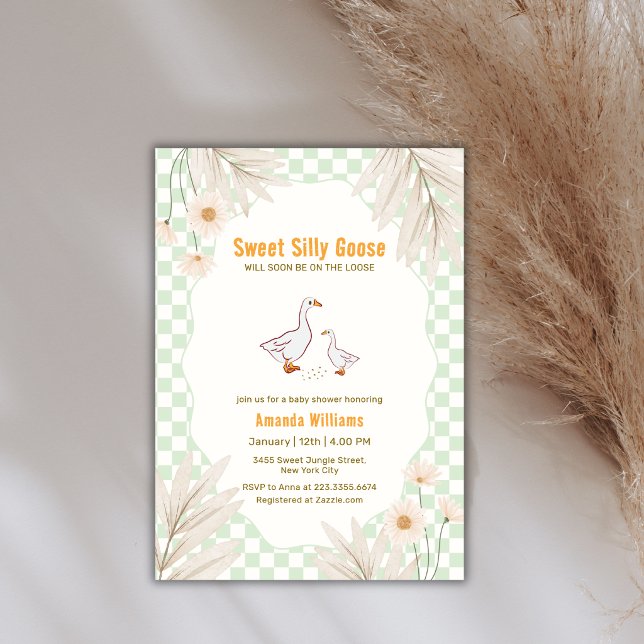 Sage Gingham Daisy Boho Silly Goose Baby Shower Invitation (Sage Gingham Daisy Boho Silly Goose Baby Shower Invitation)