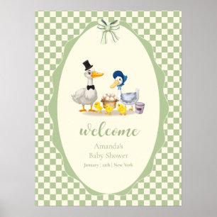 Sage Gingham Duck Family Duck Baby Shower Welcome Poster
