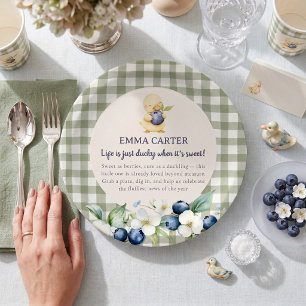Sage Gingham Duckling Baby Shower Paper Plate
