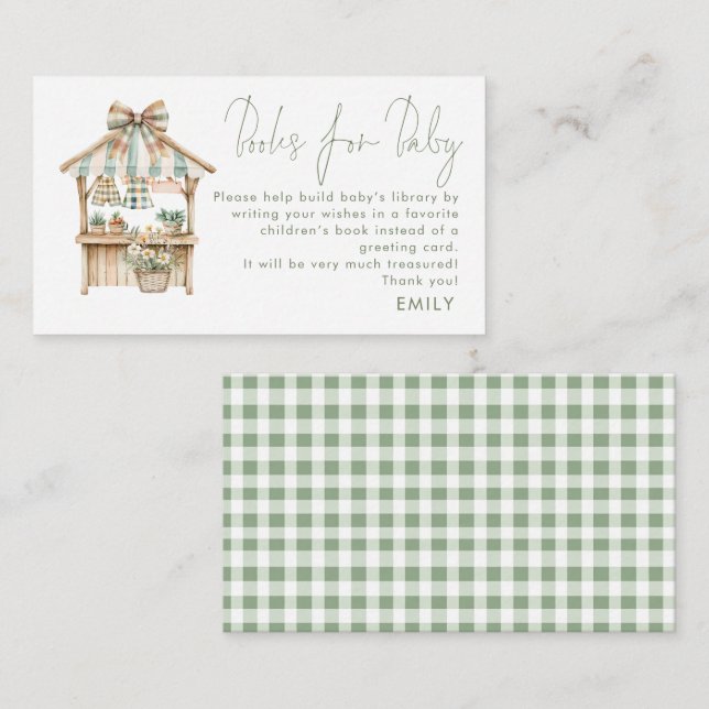 Sage Gingham Farmers Market Books For Baby Shower  Enclosure Card (Front/Back)