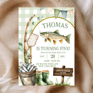 Sage Gingham Fisherman birthday invitation
