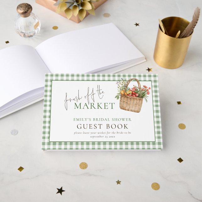 Sage Gingham Fresh off the Market Bridal Shower Guest Book (Front Open)