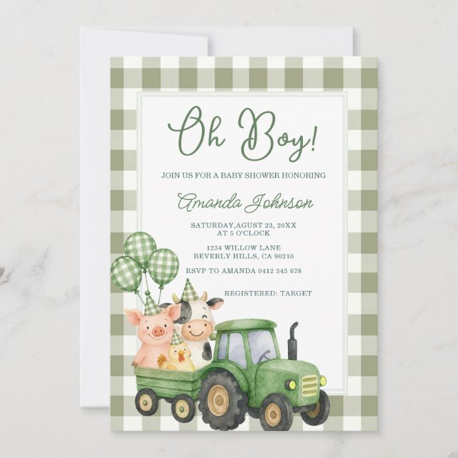 Sage Gingham Green Tractor Baby Shower Invitation (Front)